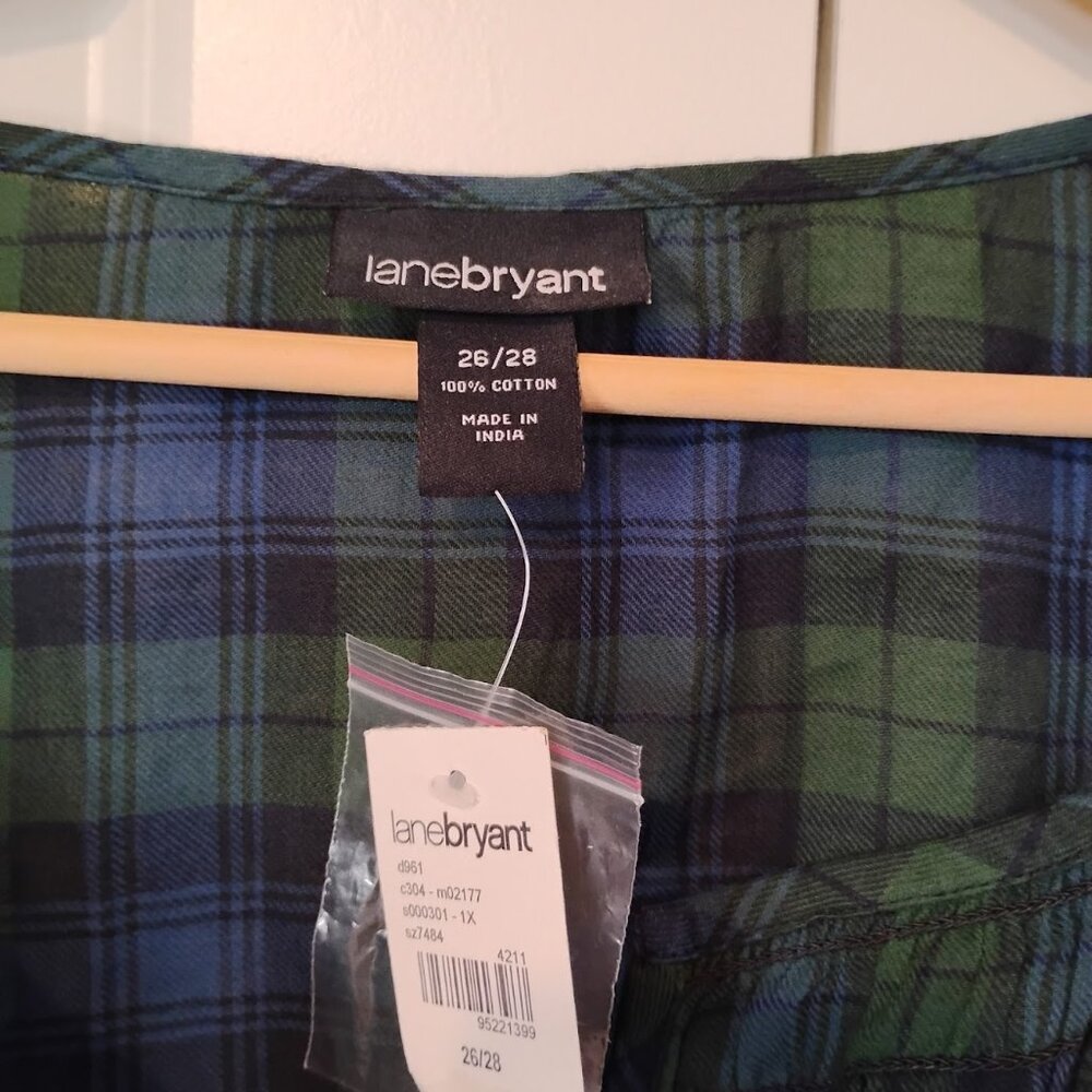 LaneBryant Women's Forest Green Blue Plaid Long Sleeve Basic Blouse Size 26/28 - Picture 4 of 4